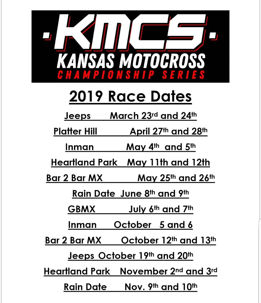 KMCS 2019 Race Schedule